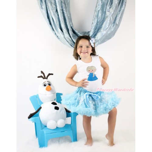 Frozen White Tank Top & Princess Elsa Print & Light Blue Snowflakes Pettiskirt MG1274